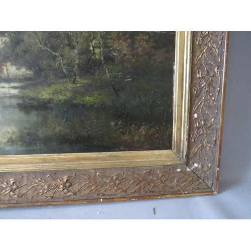 142 - (XIX). A stormy wooded river landscape with figure in rowing boat, unsigned, oil on panel, framed, p... 