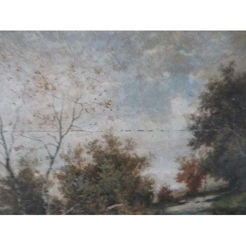 142 - (XIX). A stormy wooded river landscape with figure in rowing boat, unsigned, oil on panel, framed, p... 