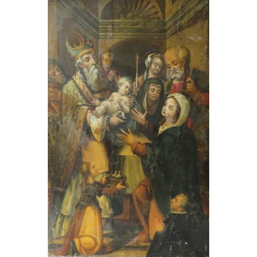 143 - (XVIII). A religious scene with Jesus being handed to Mary with onlookers in a church interior, unsi... 