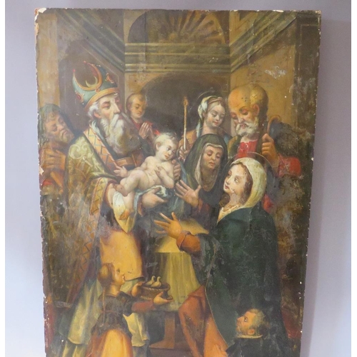 143 - (XVIII). A religious scene with Jesus being handed to Mary with onlookers in a church interior, unsi... 