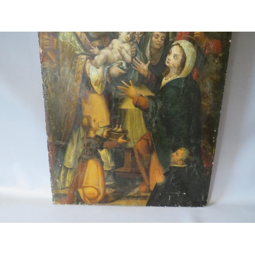 143 - (XVIII). A religious scene with Jesus being handed to Mary with onlookers in a church interior, unsi... 