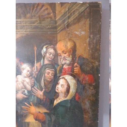 143 - (XVIII). A religious scene with Jesus being handed to Mary with onlookers in a church interior, unsi... 