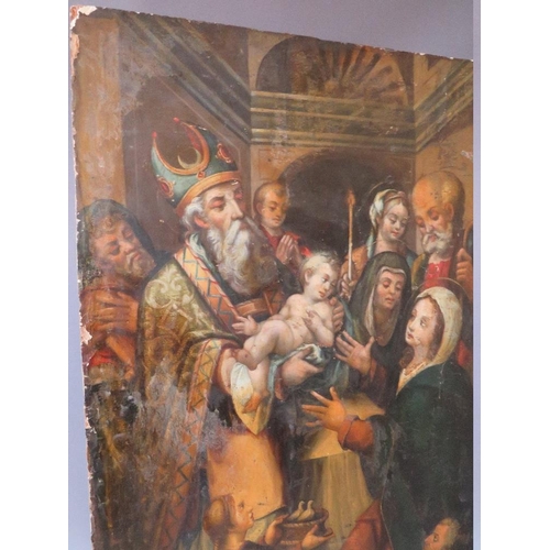 143 - (XVIII). A religious scene with Jesus being handed to Mary with onlookers in a church interior, unsi... 