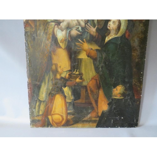 143 - (XVIII). A religious scene with Jesus being handed to Mary with onlookers in a church interior, unsi... 