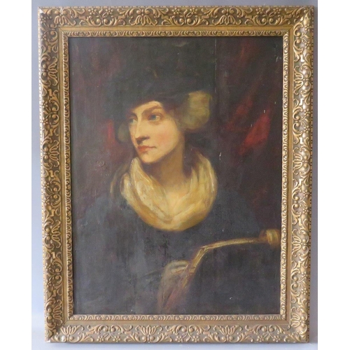 144 - (XVIII-XIX). A half length portrait study of a young woman writing, unsigned, oil on panel, framed, ... 