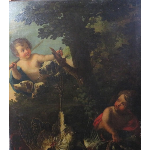 146 - (XVIII-XIX). Continental school, a wooded landscape with two putti with hunting dogs and dead game, ... 