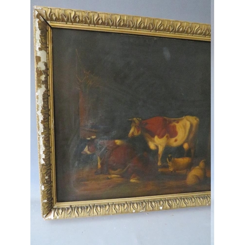 151 - (XIX). A barn interior with cattle and sheep, unsigned, oil on canvas, framed, 49 x 60 cm