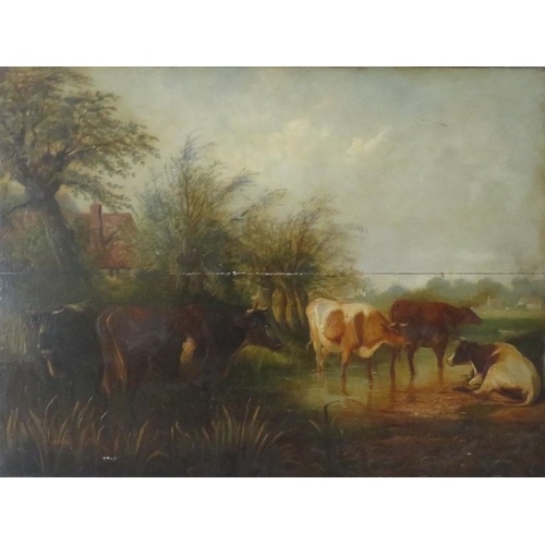 154 - (XIX). A rural wooded river landscape with cattle watering and cottages in background, unsigned, oil... 