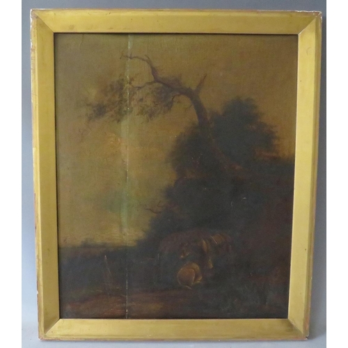 155 - (XIX). A wooded rIver landscape with horses resting, unsigned, oil on panel - panel is split, framed... 