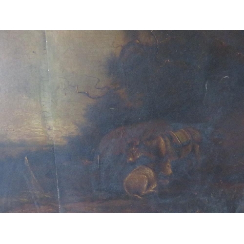 155 - (XIX). A wooded rIver landscape with horses resting, unsigned, oil on panel - panel is split, framed... 