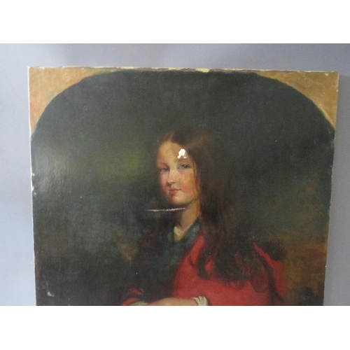 157 - (XIX). A portrait study of a young girl, unsigned, oil on canvas, unframed, re-lined, 76 x 63 cm