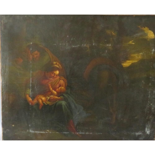 158 - (XVIII-XIX). A religious study of a mother, father and child with a stormy wooded landscape in backg... 