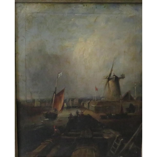 159 - (XIX). A stormy continental coastal village harbour scene with boats, figures and windmill, unsigned... 