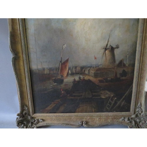 159 - (XIX). A stormy continental coastal village harbour scene with boats, figures and windmill, unsigned... 