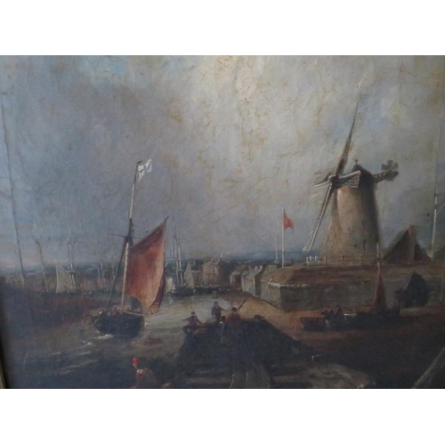 159 - (XIX). A stormy continental coastal village harbour scene with boats, figures and windmill, unsigned... 