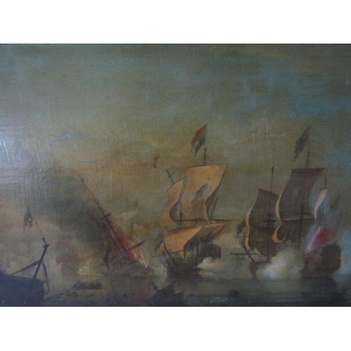 161 - (XVIII-XIX). A naval battle scene, unsigned, oil on canvas, framed, re-lined, 38 x 57 cm