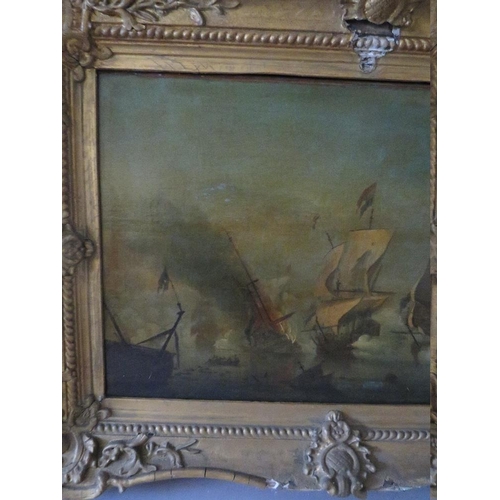 161 - (XVIII-XIX). A naval battle scene, unsigned, oil on canvas, framed, re-lined, 38 x 57 cm