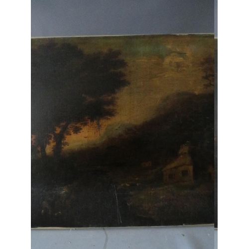 163 - (XIX). A  wooded landscape with figures, dog, sheep and thatched cottages, unsigned, oil on canvas, ... 