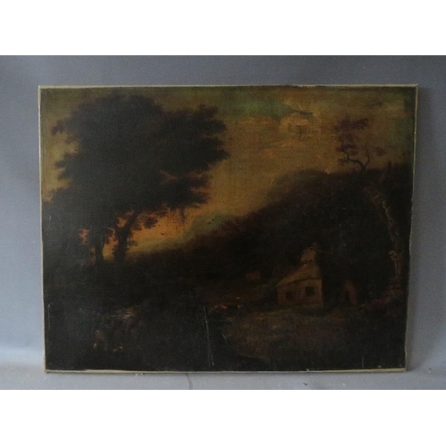 163 - (XIX). A  wooded landscape with figures, dog, sheep and thatched cottages, unsigned, oil on canvas, ... 