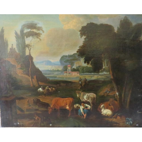 165 - (XVIII-XIX). A continental wooded river landscape with cattle, sheep, dog and figures and buildings ... 