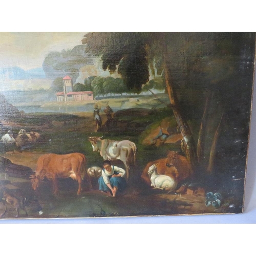 165 - (XVIII-XIX). A continental wooded river landscape with cattle, sheep, dog and figures and buildings ... 