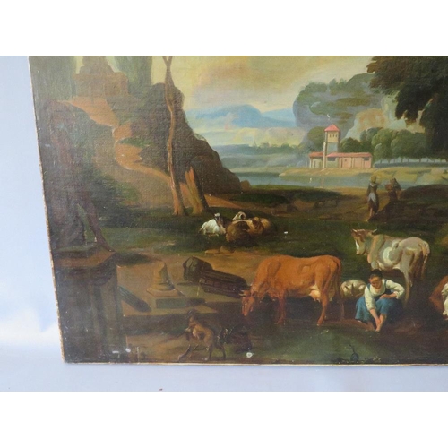 165 - (XVIII-XIX). A continental wooded river landscape with cattle, sheep, dog and figures and buildings ... 