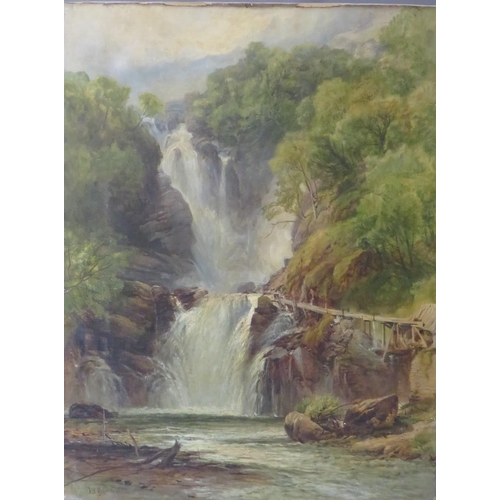 166 - F. W. HULME. A mountainous wooded rocky river landscape with waterfall 'Falls of Reichenback' see ve... 