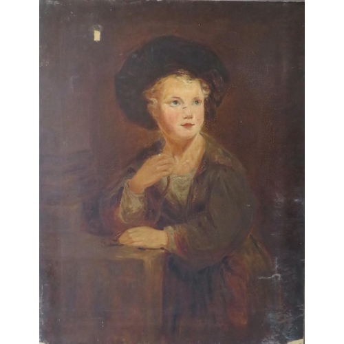 167 - (XIX). A portrait study of a seated young child wearing a hat, unsigned, oil on canvas, unframed, re... 