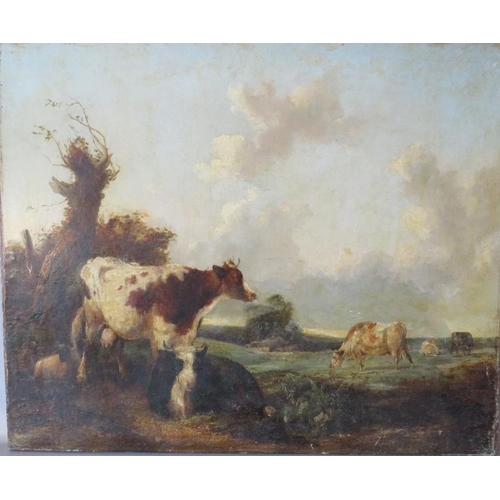 173 - (XIX). A wooded landscape with cattle resting and grazing, unsigned, oil on canvas, unframed, 63 x 7... 