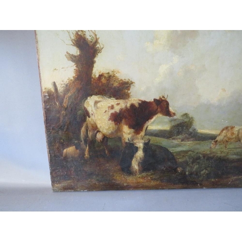 173 - (XIX). A wooded landscape with cattle resting and grazing, unsigned, oil on canvas, unframed, 63 x 7... 