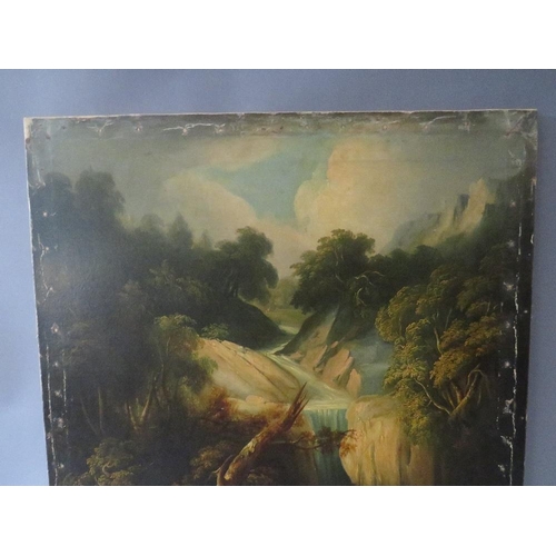 175 - (XIX). A wooded rocky river landscape with figure before a waterfall, unsigned, oil on canvas, unfra... 