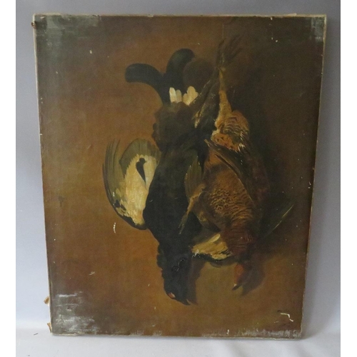 182 - (XVIII-XIX). A still life study of hung dead game birds, unsigned, oil on canvas, unframed, 76 x 63 ... 