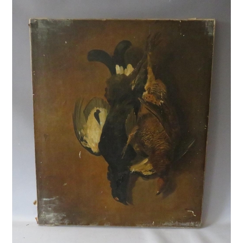 182 - (XVIII-XIX). A still life study of hung dead game birds, unsigned, oil on canvas, unframed, 76 x 63 ... 