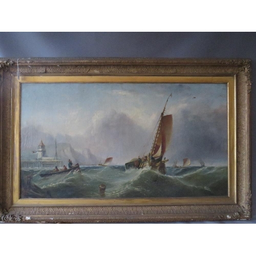 183 - (XIX). An extensive stormy coastal scene with harbour and figures and boats in a heavy swell, signed... 