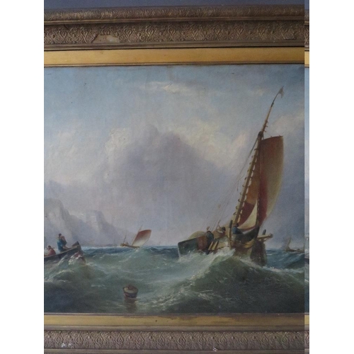 183 - (XIX). An extensive stormy coastal scene with harbour and figures and boats in a heavy swell, signed... 