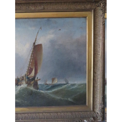 183 - (XIX). An extensive stormy coastal scene with harbour and figures and boats in a heavy swell, signed... 