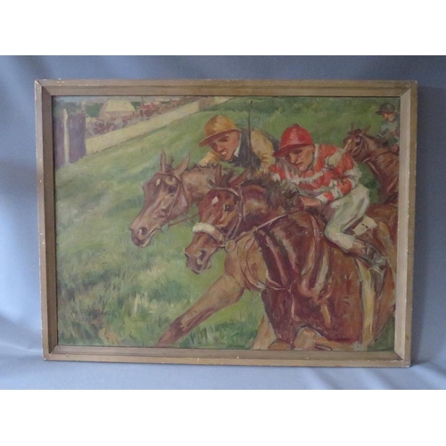 186 - FRED ROOTS. An impressionist horse racing scene 'Approaching The Finish', signed and dated 1952, oil... 