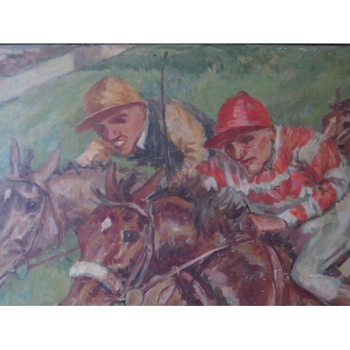 186 - FRED ROOTS. An impressionist horse racing scene 'Approaching The Finish', signed and dated 1952, oil... 