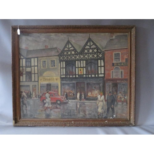 189 - K. PAKULIS. An impressionist rainy street scene with car and figures, signed and dated 1950 lower le... 