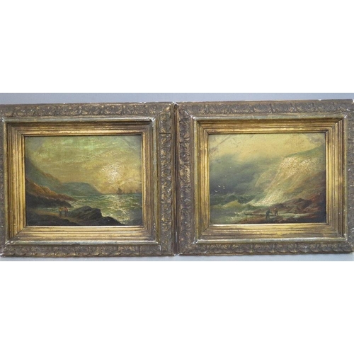 19 - W.B?? (XIX). A pair of stormy rocky shore scenes with figures and sailing vessels, one signed lower ... 