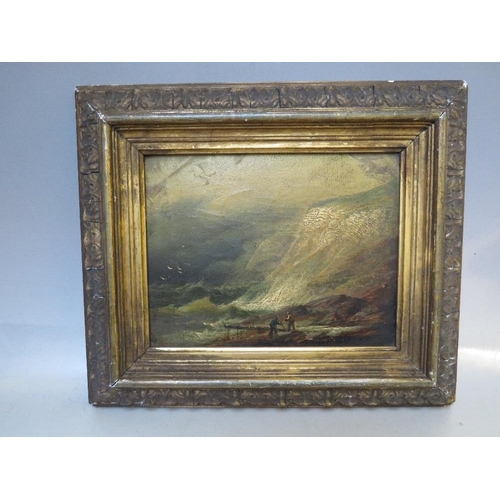 19 - W.B?? (XIX). A pair of stormy rocky shore scenes with figures and sailing vessels, one signed lower ... 