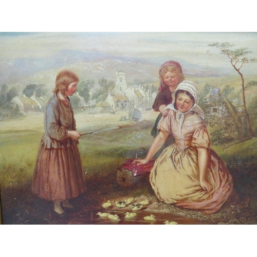 21 - (XIX). A study of three girls by a pond watching ducks & ducklings, village and hills in background,... 