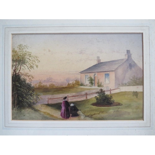 211 - (XIX-XX). Two scenic paintings, one attributed to JAMES BURRELL SMITH, figures before a cottage 'Nr ... 