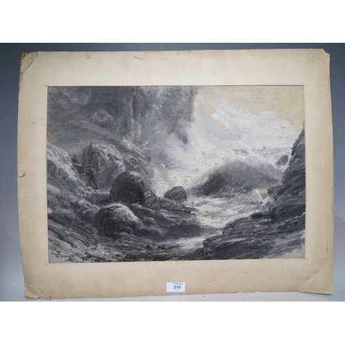 216 - E. WAGNER (XIX-XX). A stormy rocky coastal scene with heavy surf and two figures sheltering in rocks... 