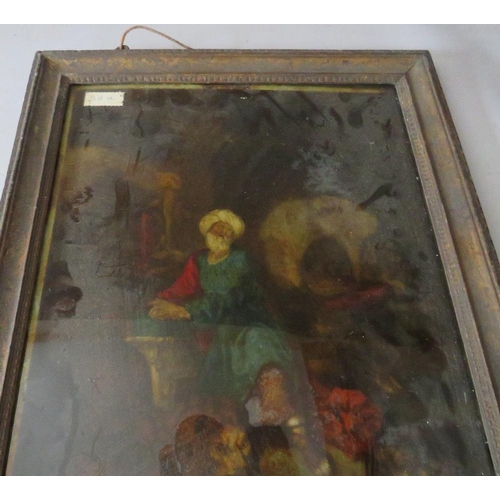 23 - (XIX). An Eastern interior scene with figure in a turban, unsigned, reverse oil painting on glass, f... 