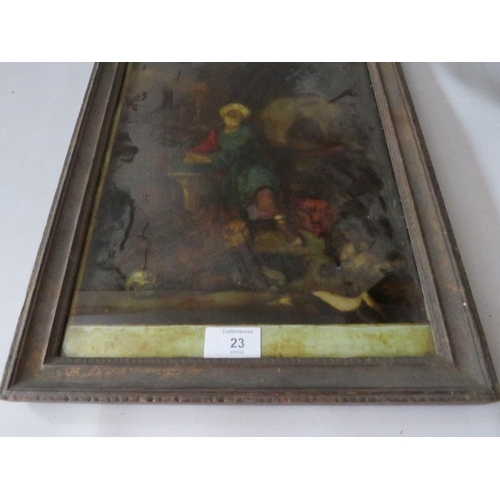 23 - (XIX). An Eastern interior scene with figure in a turban, unsigned, reverse oil painting on glass, f... 