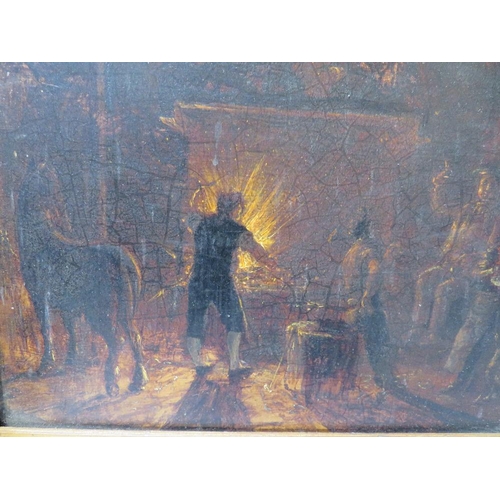 24 - (XIX). A blacksmiths smithy with figures and a horse, unsigned, oil on panel, framed, 23 x 29 cm