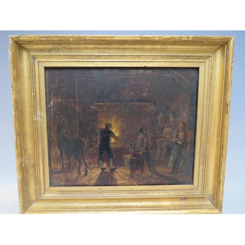 24 - (XIX). A blacksmiths smithy with figures and a horse, unsigned, oil on panel, framed, 23 x 29 cm