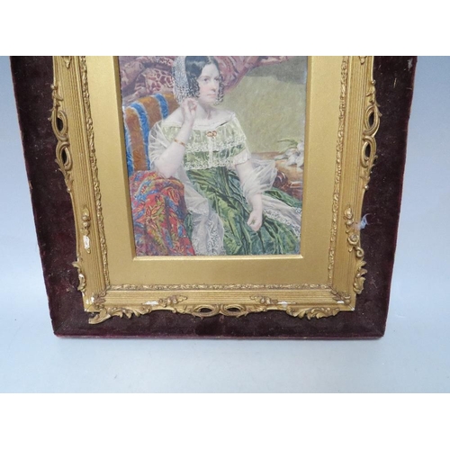 258 - (XIX). Study in ivory of an interior scene with seated elegant lady, unsigned, framed, 20 x 14.5 cm