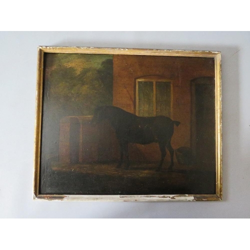 26 - (XIX). A study of a horse in a stable yard, unsigned, oil on panel, framed, 28 x 35 cm